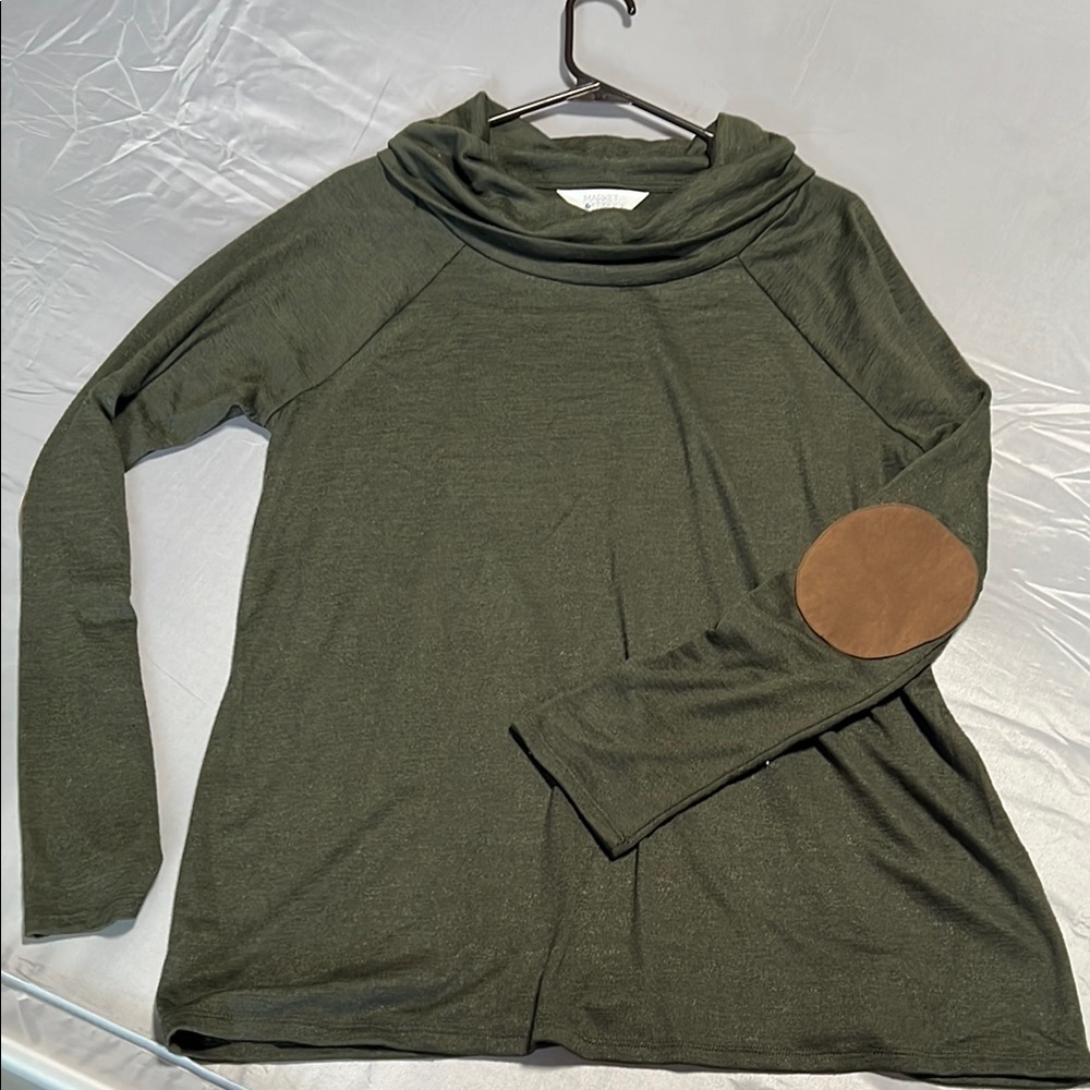 Market & Spruce Green Cowl Neck Sweater with Brown Elbow Patches